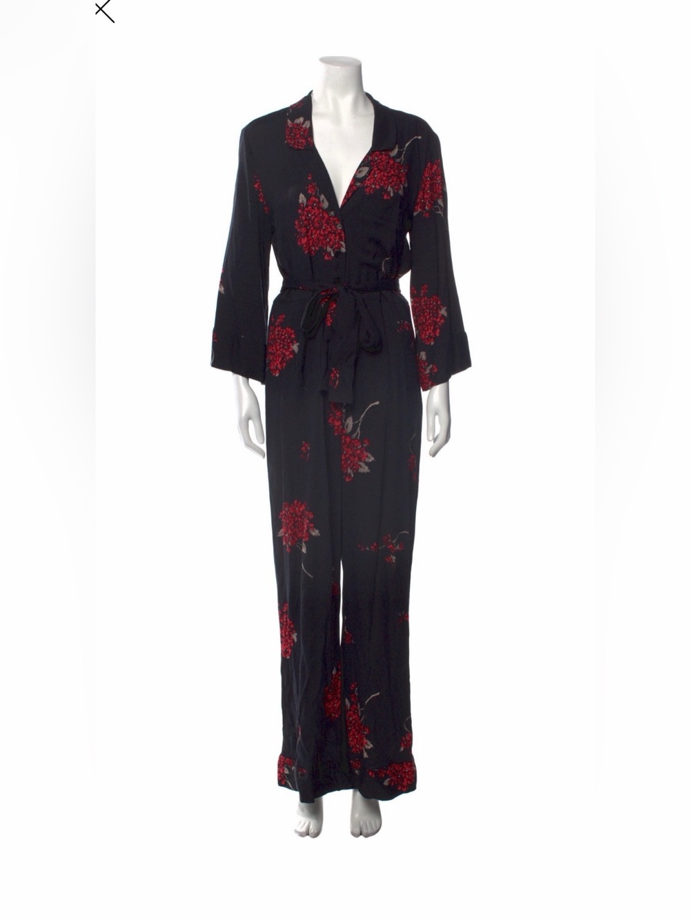 Reformation Shanghai Black Red Floral Wrap Wide Leg Jumpsuit Size 6